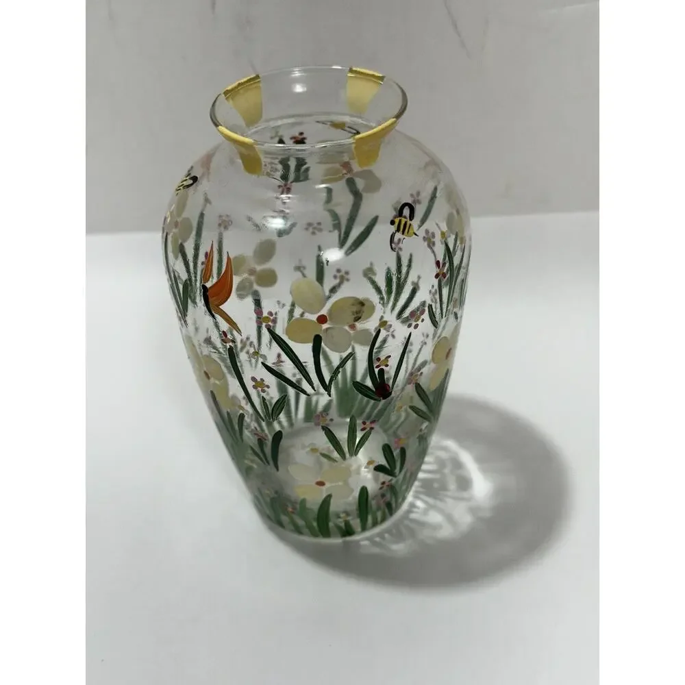 Set Of 2 Vintage Small Hand‎ Painted Floral Clear Glass Vase Signed K. LaRussa